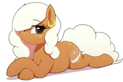 Size: 1125x750 | Tagged: safe, artist:thebatfang, derpibooru import, oc, oc:bagel bite, ponified, unofficial characters only, earth pony, food pony, original species, pony, chubby, ear piercing, earring, food, image, jewelry, lidded eyes, lying down, piercing, png, prone, simple background, solo, transparent background