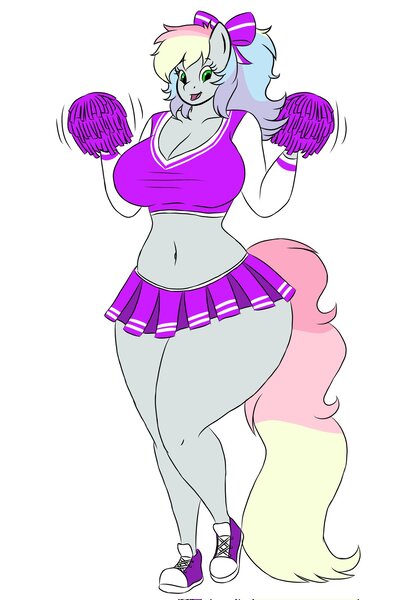 Size: 1371x2048 | Tagged: safe, artist:xfrncstomiku, derpibooru import, oc, oc:blazey sketch, unofficial characters only, anthro, plantigrade anthro, belly button, big breasts, bow, breasts, butt, cheerleader, disproportional anatomy, huge breasts, huge butt, image, jpeg, large butt, pom pom, simple background, solo, white background