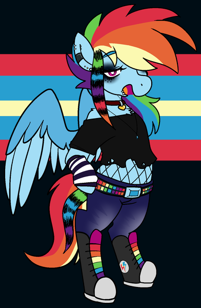 Size: 1167x1786 | Tagged: safe, artist:/d/non, derpibooru import, rainbow dash, pegasus, arm warmers, belt, choker, clothes, denim, ear piercing, eyeshadow, februpony, fishnets, image, jeans, jewelry, lip piercing, makeup, multicolored hair, necklace, open mouth, pants, piercing, png, raccoon tail, rainbow, scene, scene kid, shirt, shoes, smiling, sneakers