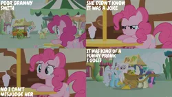 Size: 2000x1125 | Tagged: safe, derpibooru import, edit, edited screencap, editor:quoterific, screencap, bon bon, gilda, granny smith, lightning bolt, linky, pinkie pie, shoeshine, spring melody, sprinkle medley, sweetie drops, white lightning, griffon the brush off, image, png