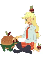 Size: 2894x4093 | Tagged: dead source, safe, artist:haibaratomoe, derpibooru import, applejack, human, equestria girls, appletun, applin, blushing, clothes, female, image, necktie, one eye closed, open mouth, open smile, png, pokémon, shoes, simple background, smiling, socks, solo, white background