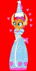 Size: 540x1062 | Tagged: safe, alternate version, artist:darlycatmake, derpibooru import, smolder, dragon, beautiful, clothes, cute, dragoness, dress, dressup, female, flower, flower in hair, froufrou glittery lacy outfit, gloves, happy, hat, heart, hennin, image, jpeg, long gloves, lovely, pretty, princess, princess smolder, proud, red background, simple background, smiling, smolder also dresses in style, smolderbetes
