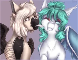 Size: 1300x1000 | Tagged: safe, artist:szkar, derpibooru import, oc, oc:devilvoice, oc:spicy mint, bat pony, original species, shark, shark pony, bat pony oc, bat wings, female, image, mlem, png, silly, tongue out, wings