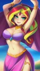 Size: 864x1536 | Tagged: suggestive, derpibooru import, editor:sammykun, machine learning generated, novelai, stable diffusion, sunset shimmer, human, belly, belly button, belly dancer, belly dancer outfit, bracelet, breasts, busty sunset shimmer, clothes, dancing, female, gold, hands up, humanized, image, jewelry, looking at you, midriff, necklace, png, reasonably sized breasts, sexy, skirt, smiling, solo, solo female