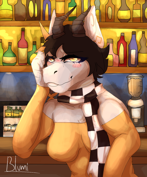 Size: 1000x1200 | Tagged: safe, artist:blumi_098, derpibooru import, oc, oc:sound error, anthro, earth pony, alcohol, bar, clothes, earth pony oc, image, png