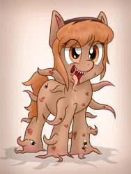 Size: 750x1000 | Tagged: safe, artist:pizzamovies, derpibooru import, oc, oc:amber rose (thingpone), oc:thingpone, unofficial characters only, earth pony, pony, body horror, eldritch abomination, fangs, female, image, lidded eyes, looking at you, open mouth, open smile, png, simple background, smiling, solo, tentacles, tongue out