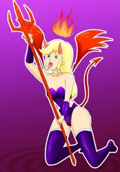 Size: 2163x3104 | Tagged: suggestive, artist:film77asq, derpibooru import, applejack, human, clothes, devil, devil horns, devil tail, female, fire, horns, humanized, image, kneeling, leotard, pitchfork, png, socks, solo, solo female, stockings, tail, tailed humanization, thigh highs, tongue out, winged humanization, wings