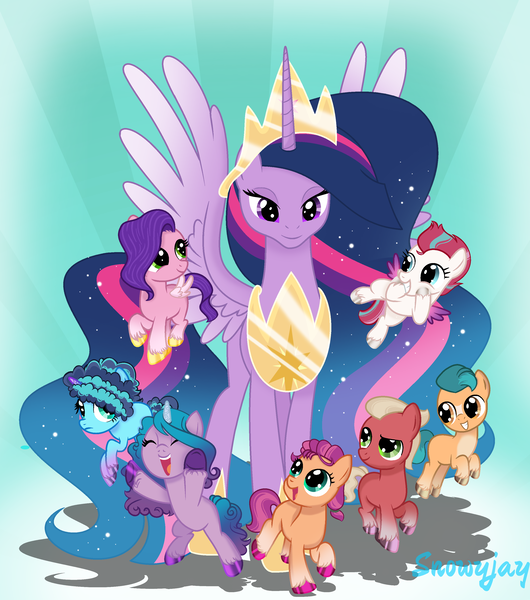 Size: 2705x3065 | Tagged: safe, artist:snowflakefrostyt, derpibooru import, hitch trailblazer, izzy moonbow, pipp petals, princess twilight 2.0, sprout cloverleaf, sunny starscout, twilight sparkle, twilight sparkle (alicorn), zipp storm, alicorn, earth pony, pegasus, pony, unicorn, g5, the last problem, colt, colt hitch trailblazer, colt sprout cloverleaf, crown, female, filly, filly izzy moonbow, filly misty, filly pipp petals, filly sunny starscout, filly zipp storm, flying, foal, g4, g5 to g4, generation leap, high res, hoof shoes, image, jewelry, male, mane five (g5), mare, misty brightdawn, new mane six (g5), older, older twilight, older twilight sparkle (alicorn), peytral, png, regalia, royal sisters (g5), scene interpretation, siblings, sisters, smiling, spread wings, wings, younger