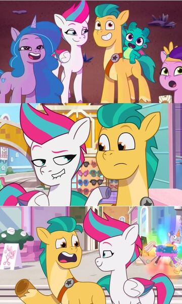 Size: 500x834 | Tagged: safe, derpibooru import, edit, edited screencap, screencap, hitch trailblazer, izzy moonbow, pipp petals, sparky sparkeroni, zipp storm, earth pony, pegasus, pony, unicorn, my little pony: tell your tale, spoiler:g5, spoiler:my little pony: tell your tale, spoiler:tyts01e09, spoiler:tyts01e41, spoiler:tyts01e42, a day in the life, fake pony, female, firework-ing together, g5, hitchzipp, image, it's t.u.e.s. day, jpeg, male, mare, maretime bay, señor butterscotch, shipping, stallion, straight