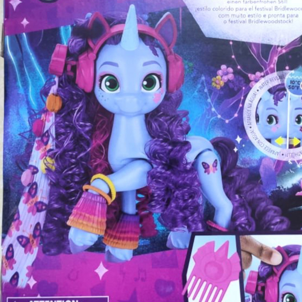 Size: 851x851 | Tagged: safe, derpibooru import, butterfly, insect, pony, unicorn, g5, my little pony: make your mark, spoiler:g5, clothes, facial markings, female, freckles, headphones, image, jpeg, leg warmers, looking at you, mare, misty brightdawn, pattern, smiling, smiling at you, toy