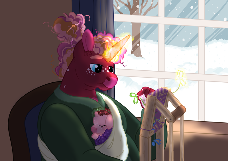 Size: 4716x3342 | Tagged: safe, artist:queenderpyturtle, derpibooru import, oc, oc:bear hug, oc:fairy ring, unofficial characters only, anthro, pony, unicorn, baby, baby pony, image, loom, png, snow, snowfall, tree, window