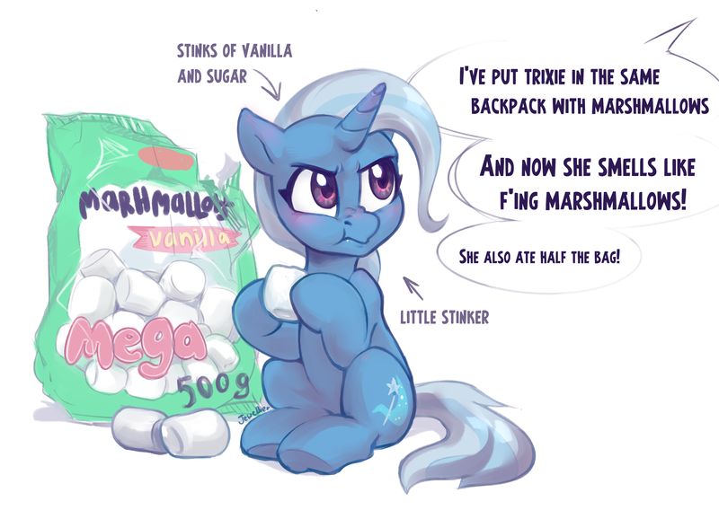 Size: 2815x2000 | Tagged: safe, artist:jewellier, derpibooru import, trixie, pony, unicorn, annoyed, arrow, bag, blushing, chewing, cute, diatrixes, eating, english, food, image, insult, insulted, marshmallow, png, sitting, smelly, solo, speech bubble, text, trixie is not amused, unamused