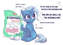 Size: 2815x2000 | Tagged: safe, artist:jewellier, derpibooru import, trixie, pony, unicorn, annoyed, arrow, bag, blushing, chewing, cute, diatrixes, eating, english, food, image, insult, insulted, marshmallow, png, sitting, smelly, solo, speech bubble, text, trixie is not amused, unamused