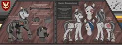 Size: 8016x2988 | Tagged: safe, artist:klarapl, derpibooru import, oc, oc:kwato zinazocheze, unofficial characters only, pony, zebra, fallout equestria, abstract background, amputee, armor, battle saddle, cigarette, color palette, cutie mark, ear piercing, earring, emblem, eye scar, eyepatch, facial scar, fallout, female, gun, helmet, image, jewelry, m60, machine gun, mare, piercing, png, power armor, prosthetic leg, prosthetic limb, prosthetics, reference sheet, scar, solo, text, weapon, zebra oc