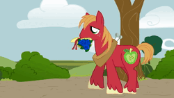 Size: 1280x720 | Tagged: safe, artist:crowneprince, derpibooru import, big macintosh, fluttershy, butterfly, earth pony, insect, pegasus, pony, animated, big macintosh's yoke, bouquet, bouquet of flowers, duo, duo male and female, female, flower, fluttermac, grin, horse collar, image, male, mare, shipping, smiling, squeak, stallion, straight, unshorn fetlocks, walking, webm