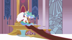 Size: 1280x720 | Tagged: safe, artist:crowneprince, derpibooru import, cheerilee, princess celestia, alicorn, earth pony, pony, animated, crown, dialogue, duo, female, image, jewelry, letter, mare, on the moon, reading, regalia, sitting, throne room, to the moon, trollestia, voice acting, webm