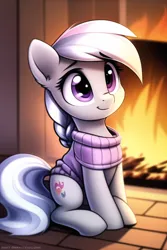 Size: 512x768 | Tagged: safe, derpibooru import, machine learning generated, stable diffusion, silver spoon, earth pony, pony, alternate cutie mark, braid, braided ponytail, clothes, female, filly, fire, fireplace, foal, image, missing accessory, novelai, png, ponytail, sitting, solo, sweater, wrong cutie mark