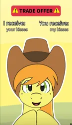 Size: 4850x8334 | Tagged: safe, artist:sefastpone, derpibooru import, braeburn, earth pony, pony, bust, cowboy hat, hat, image, looking at you, male, meme, png, stallion, text, trade offer