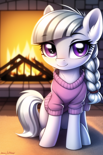 Size: 512x768 | Tagged: safe, derpibooru import, machine learning generated, novelai, stable diffusion, oc, unofficial characters only, earth pony, pony, braid, braided ponytail, clothes, female, filly, fire, fireplace, foal, image, looking at you, png, ponytail, sitting, sweater