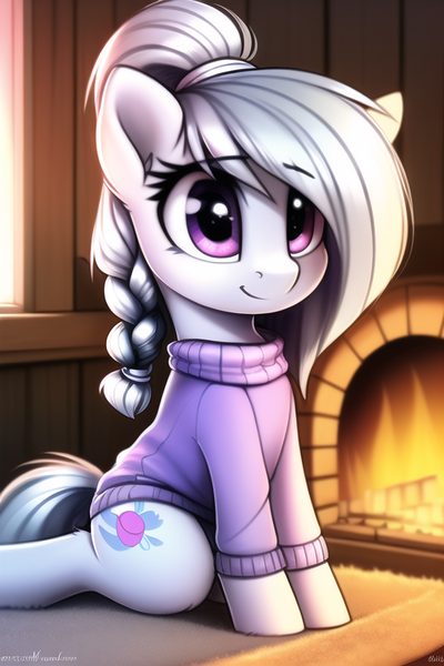 Size: 512x768 | Tagged: safe, derpibooru import, machine learning generated, novelai, stable diffusion, oc, unofficial characters only, earth pony, pony, braid, braided ponytail, clothes, cushion, female, filly, fire, fireplace, foal, image, looking at you, png, ponytail, sitting, sweater