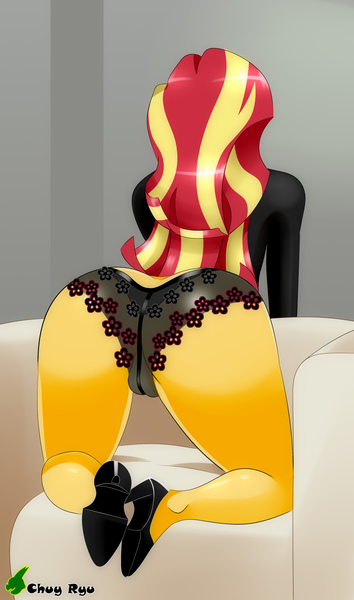 Size: 1772x3000 | Tagged: questionable, artist:chuyryu, derpibooru import, sunset shimmer, equestria girls, ass, bent over, bunset shimmer, butt, clothes, commission, commissioner:branagain, couch, high heels, image, jpeg, kneeling, lace underwear, long sleeved shirt, long sleeves, panties, presenting, see-through, shirt, shoes, stupid sexy sunset shimmer, the ass was fat, underwear