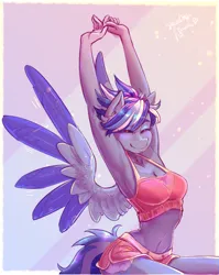 Size: 1714x2150 | Tagged: suggestive, artist:fukudka, derpibooru import, oc, anthro, pegasus, armpits, arms in the air, breasts, cleavage, clothes, eyebrows, eyelashes, eyes closed, eyeshadow, female, image, makeup, midriff, multicolored hair, pajamas, pegasus oc, png, short hair, shorts, sitting, smiling, solo, sports bra, sports shorts, spread wings, stretching, thighs, wings