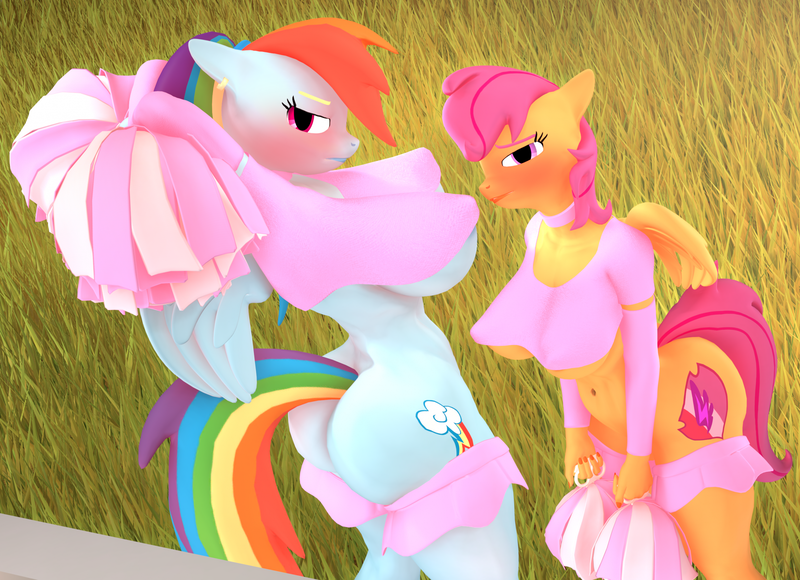 Size: 2254x1634 | Tagged: questionable, artist:purplefondue, derpibooru import, rainbow dash, scootaloo, anthro, pegasus, 3d, ass, belly button, blushing, braless, breasts, busty rainbow dash, busty scootaloo, butt, cheerleader, cheerleader outfit, choker, clothes, detached sleeves, duo, duo female, erect nipples, eyelashes, female, females only, grass, hips, image, looking away, midriff, miniskirt, nipple outline, outdoors, png, pom pom, rainbutt dash, shirt, short hair, short shirt, skirt, tail, thighs, underboob, wings