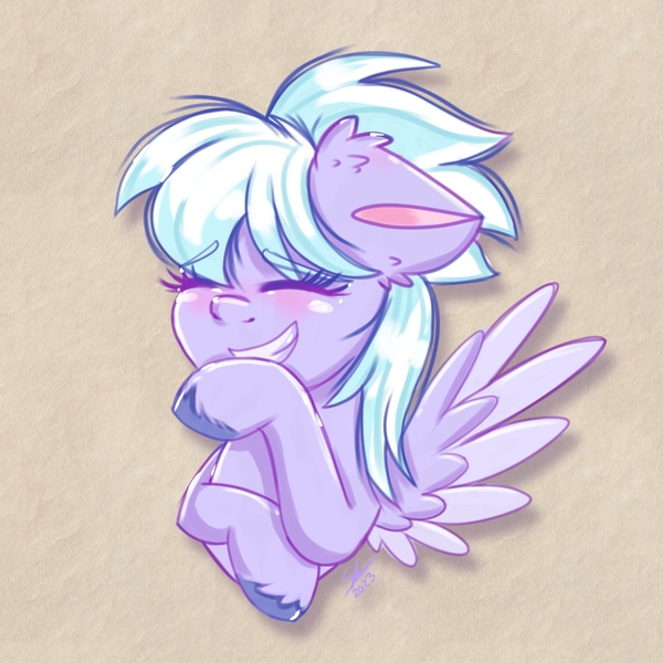 Size: 1280x1280 | Tagged: safe, artist:galaxy swirl, derpibooru import, cloudchaser, pegasus, pony, blushing, bust, covering mouth, ear fluff, eyes closed, female, floppy ears, grin, image, jpeg, mare, raised hoof, smiling, solo, spread wings, textured background, three quarter view, unshorn fetlocks, wings