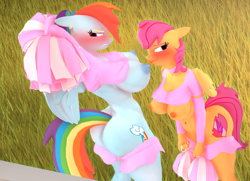 Size: 2254x1634 | Tagged: questionable, alternate version, artist:purplefondue, derpibooru import, rainbow dash, scootaloo, anthro, pegasus, 3d, areola, ass, belly button, big areola, big breasts, blushing, breasts, busty rainbow dash, busty scootaloo, butt, cheerleader, cheerleader outfit, choker, clothes, detached sleeves, erect nipples, eyelashes, female, females only, grass, hips, image, looking away, midriff, miniskirt, nipples, nudity, outdoors, png, pom pom, rainbutt dash, shirt, short hair, short shirt, skirt, tail, thighs, wings