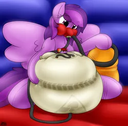Size: 2572x2536 | Tagged: suggestive, artist:the-furry-railfan, derpibooru import, oc, oc:emilia starsong, oc:rubber heart, unofficial characters only, inflatable pony, belly, big belly, blushing, butt, ear blush, gas mask, helium, helium tank, hose, huge belly, huge butt, image, impossibly large belly, impossibly large butt, inflatable, inflatable diaper, inflation, large butt, mask, parade balloon, png, puffy cheeks, size difference, this will end in balloons