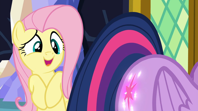 Size: 1920x1080 | Tagged: safe, derpibooru import, screencap, fluttershy, twilight sparkle, twilight sparkle (alicorn), alicorn, pegasus, pony, season 5, the hooffields and mccolts, 1080p, booty call, cutie mark, cutiespark, duo, duo female, female, folded wings, glowing cutie mark, image, look at my butt, mare, multicolored tail, offscreen character, open mouth, out of context, png, tail, twilight's castle, wings