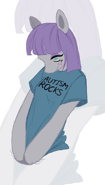Size: 570x1000 | Tagged: safe, artist:heartwoozy, derpibooru import, maud pie, earth pony, semi-anthro, autism, blushing, clothes, female, image, png, pun, shirt, simple background, smiling, solo, white background, zoom layer