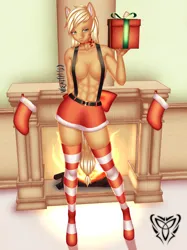 Size: 1662x2217 | Tagged: suggestive, artist:wraith148, derpibooru import, applejack, anthro, earth pony, unguligrade anthro, abs, belly button, belt, breasts, christmas, christmas outfit, christmas presents, christmas stocking, clothes, female, fire, fireplace, holiday, image, jpeg, looking at you, miniskirt, ribbon, skirt, socks, solo, striped socks, suspenders, tail, thigh highs, thigh socks