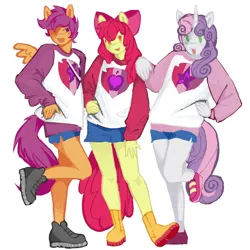 Size: 1000x1000 | Tagged: safe, artist:heartwoozy, derpibooru import, apple bloom, scootaloo, sweetie belle, anthro, earth pony, pegasus, pony, unicorn, apple bloom's bow, bow, clothes, cutie mark, cutie mark crusaders, cutie mark on clothes, hair bow, hand on waist, image, lifted leg, looking at you, open mouth, open smile, png, shoes, shorts, simple background, smiling, spread wings, the cmc's cutie marks, white background, wings