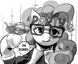 Size: 1927x1596 | Tagged: safe, artist:applephil, derpibooru import, pinkie pie, ponified, earth pony, pony, balloon, balloon animal, black and white, dialogue, female, glasses, grayscale, gun, hoof hold, image, mare, monochrome, novelty glasses, png, solo, speech bubble, talking to viewer, weapon