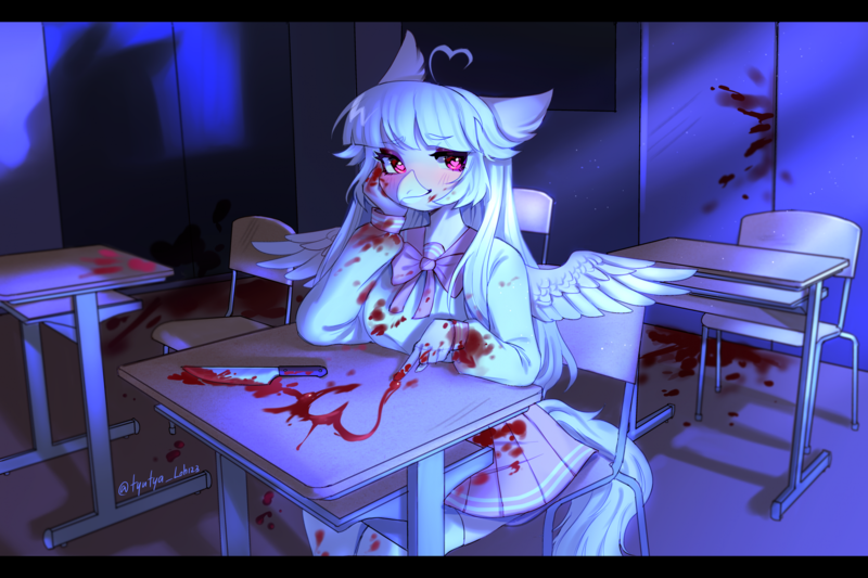 Size: 2351x1567 | Tagged: semi-grimdark, artist:tyutyaloh123, derpibooru import, oc, anthro, hippogriff, blood, classroom, female, heart, heart eyes, image, knife, png, solo, solo female, wingding eyes, yandere