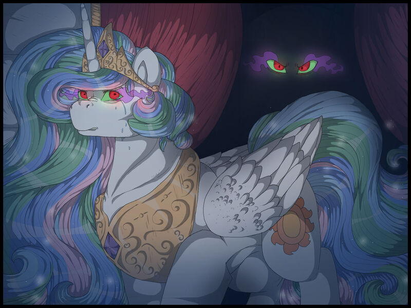 Size: 1280x960 | Tagged: safe, artist:binibean, derpibooru import, king sombra, princess celestia, alicorn, pony, umbrum, unicorn, castle, corrupted, curtains, dark magic, duo, duo male and female, female, image, jewelry, jpeg, magic, male, male and female, peytral, shipping fuel, sombra eyes, tiara