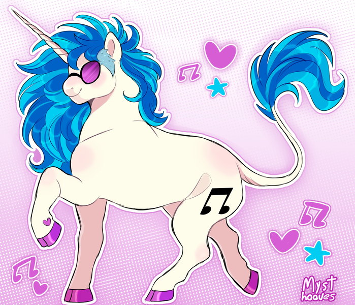 Size: 3524x3024 | Tagged: safe, artist:mysthooves, derpibooru import, vinyl scratch, pony, unicorn, cloven hooves, colored hooves, female, heart, heart mark, image, leonine tail, mare, music notes, png, ponytober, raised hoof, smiling, solo, stars, sunglasses, tail