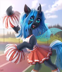 Size: 2600x3022 | Tagged: safe, artist:hakaina, derpibooru import, oc, oc:nymph, changeling, changeling oc, cheerleader, clothes, commission, cute, image, png, pom pom, skirt, ych result