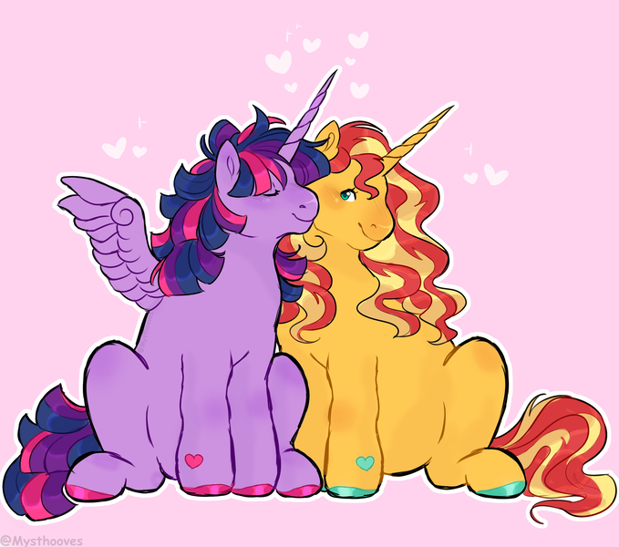 Size: 3424x3024 | Tagged: safe, artist:mysthooves, derpibooru import, sunset shimmer, twilight sparkle, twilight sparkle (alicorn), alicorn, pony, unicorn, blushing, colored hooves, duo, eyes closed, female, floating heart, heart, heart mark, image, lesbian, mare, png, shipping, sitting, smiling, sparkles, spread wings, sunsetsparkle, wings