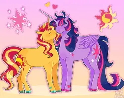Size: 3841x3024 | Tagged: safe, artist:mysthooves, derpibooru import, sunset shimmer, twilight sparkle, twilight sparkle (alicorn), alicorn, pony, unicorn, colored hooves, cutie mark, duo, eyes closed, female, floating heart, folded wings, gradient background, heart, heart mark, height difference, image, lesbian, mare, png, shipping, signature, smiling, sunsetsparkle, wings