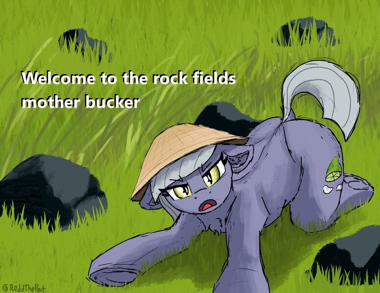 Size: 2240x1731 | Tagged: safe, artist:reddthebat, derpibooru import, limestone pie, earth pony, pony, dialogue, female, filthy frank, hat, image, jpeg, looking at you, mare, meme, rock, rock farm, solo, welcome to the rice fields