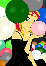 Size: 596x842 | Tagged: safe, artist:hakdurbin, derpibooru import, sunset shimmer, human, balloon, blowing up balloons, clothes, dress, female, image, inflating, lipstick, looking at you, png, shoulderless, that human sure does love balloons