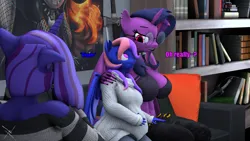 Size: 3840x2160 | Tagged: safe, artist:nightmarezoroark, derpibooru import, oc, oc:empathy, oc:midnight sparkle, oc:shy knight, alicorn, anthro, bat pony, unicorn, comic:empathy's loss 2koma, 3d, abs, clothes, image, png, pregnant, source filmmaker