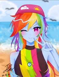 Size: 616x802 | Tagged: safe, artist:rainbom__1122, derpibooru import, rainbow dash, equestria girls, beach, blushing, cap, clothes, eyebrows, eyebrows visible through hair, hat, image, jpeg, looking at you, one eye closed, peace sign, solo, swimsuit, wink, winking at you