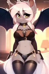 Size: 768x1152 | Tagged: suggestive, derpibooru import, editor:flitter4935, machine learning generated, novelai, stable diffusion, oc, oc:misty inkblot, anthro, bat pony, bat pony oc, bat wings, bdsm, breasts, chastity, chastity belt, clothes, collar, ear fluff, female, image, looking at you, midriff, png, smiling, smiling at you, socks, solo, solo female, thigh highs, wings