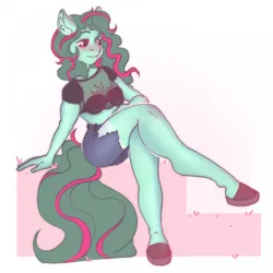 Size: 1280x1280 | Tagged: safe, artist:gatewayeee, derpibooru import, oc, anthro, earth pony, unguligrade anthro, blushing, bra, breasts, cleavage, clothes, daisy dukes, earth pony oc, eyebrows, female, highlights, image, jpeg, mesh, midriff, short shirt, shorts, sitting, smiling, solo, thighs, two toned hair, underwear, wavy hair