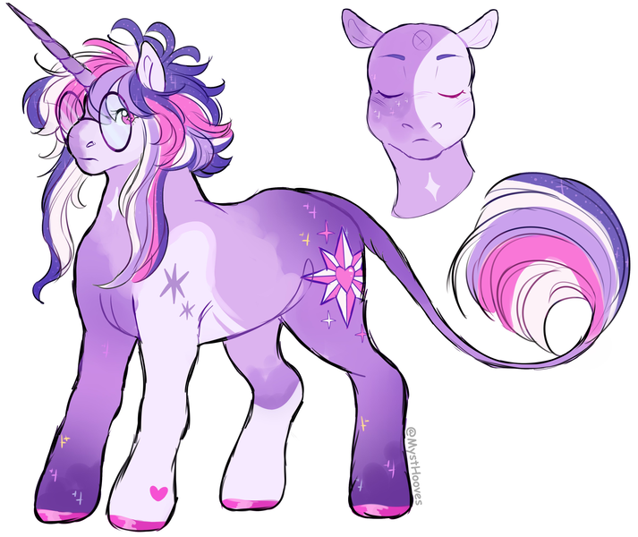 Size: 3595x3024 | Tagged: safe, artist:mysthooves, derpibooru import, oc, oc:dusk eclipsis sparkle, unofficial characters only, pony, unicorn, alternate design, blushing, colored hooves, glasses, heart, heart mark, horn, image, kinsona, leonine tail, male, messy mane, png, signature, simple background, solo, sparkles, stallion, starry eyes, tail, twitterina design, unicorn oc, white background, wingding eyes