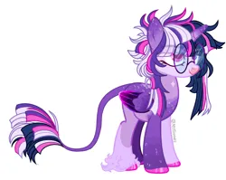 Size: 4096x3256 | Tagged: safe, artist:mysthooves, derpibooru import, oc, oc:dusk eclipsis sparkle, unofficial characters only, alicorn, pony, alicorn oc, base used, colored hooves, folded wings, glasses, heterochromia, horn, image, kinsona, leonine tail, lidded eyes, male, messy mane, png, signature, simple background, smiling, solo, sparkles, stallion, tail, unshorn fetlocks, white background, wings
