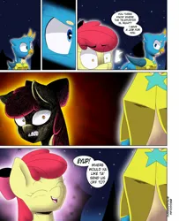 Size: 3000x3700 | Tagged: safe, artist:begoliah, derpibooru import, apple bloom, gallus, earth pony, gryphon, pony, comic:crusaders, apple bloom's bow, bow, comic, creepy bloom, dialogue, female, hair bow, image, jpeg, male, speech bubble